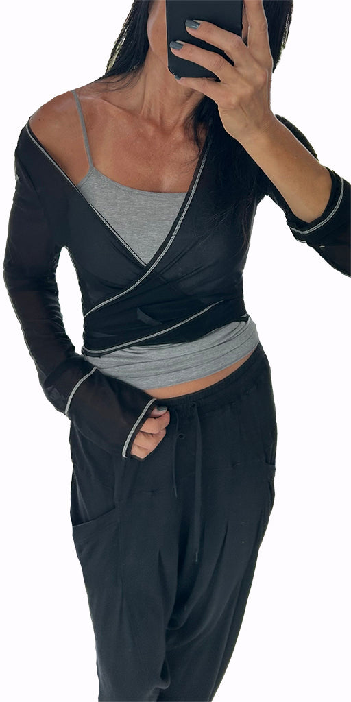 Sheer Mesh LS Ballerina Wrap Top